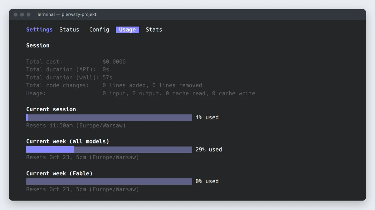 Ekran /usage w Claude Code: zakładka Usage z paskami Current session, Current week (all models) i Current week (Fable) oraz godziną odnowienia
