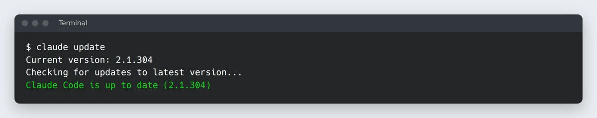 Terminal: claude update, Current version, Checking for updates to latest version, Claude Code is up to date