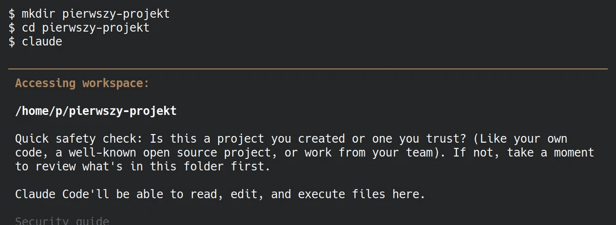 Claude Code pyta: Quick safety check — czy ufasz folderowi pierwszy-projekt; zaznaczona odpowiedź „Yes, I trust this folder”