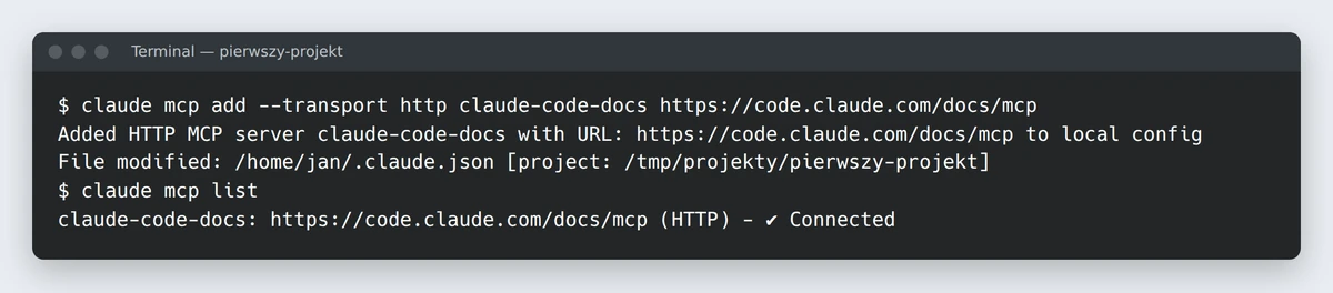 Terminal: claude mcp add dodaje serwer claude-code-docs, a claude mcp list pokazuje go ze statusem Connected